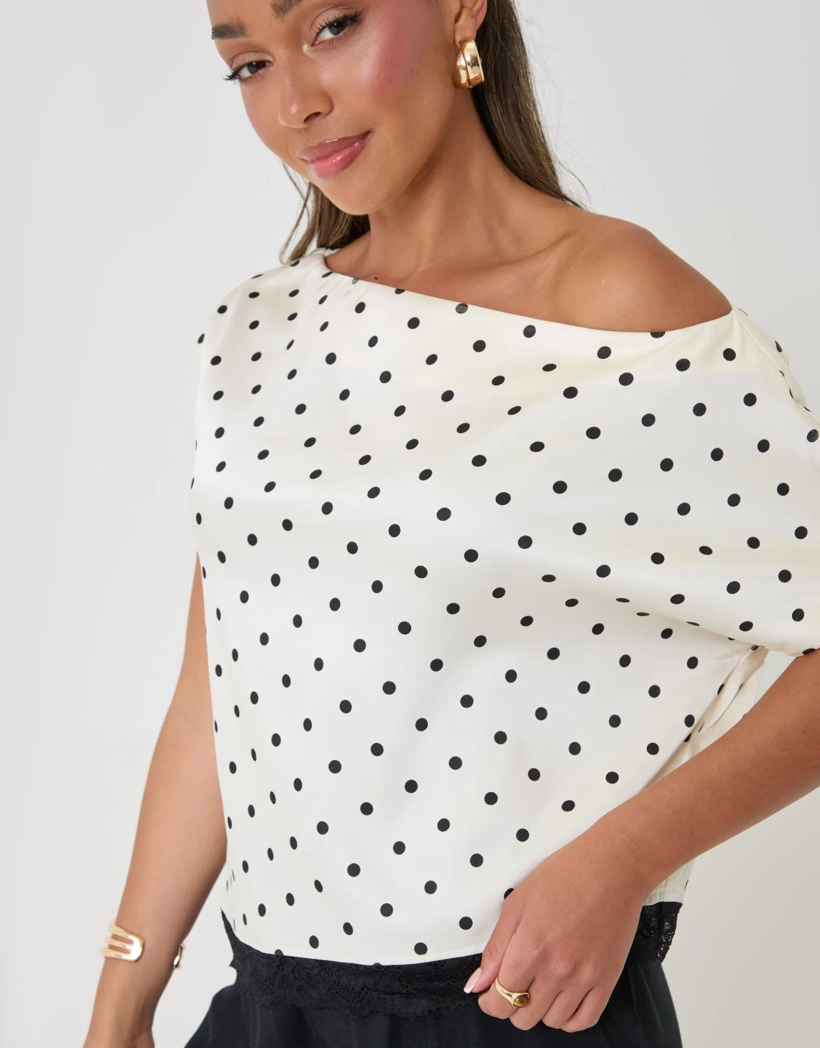 Satin Lace Trim Co-ord Slash Neck Top in Cream Polka Dot sold by Threadbare product image thumbnail 3