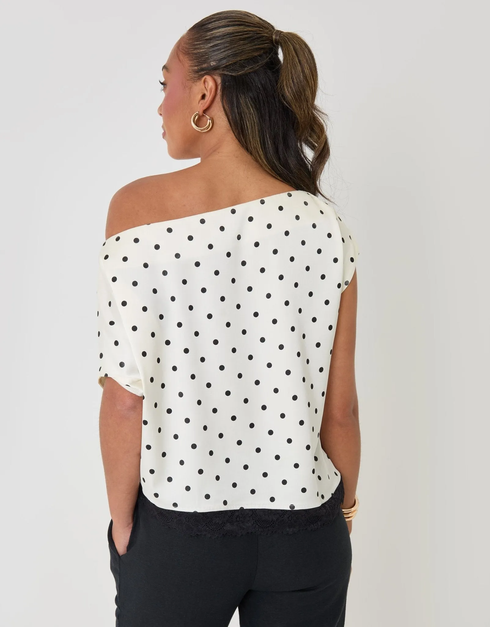 Satin Lace Trim Co-ord Slash Neck Top in Cream Polka Dot sold by Threadbare product image thumbnail 2