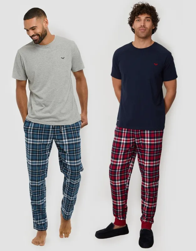 2 Pack Short Sleeve T-Shirt & Pants Pyjama Sets in Grey & Navy Check made by Threadbare