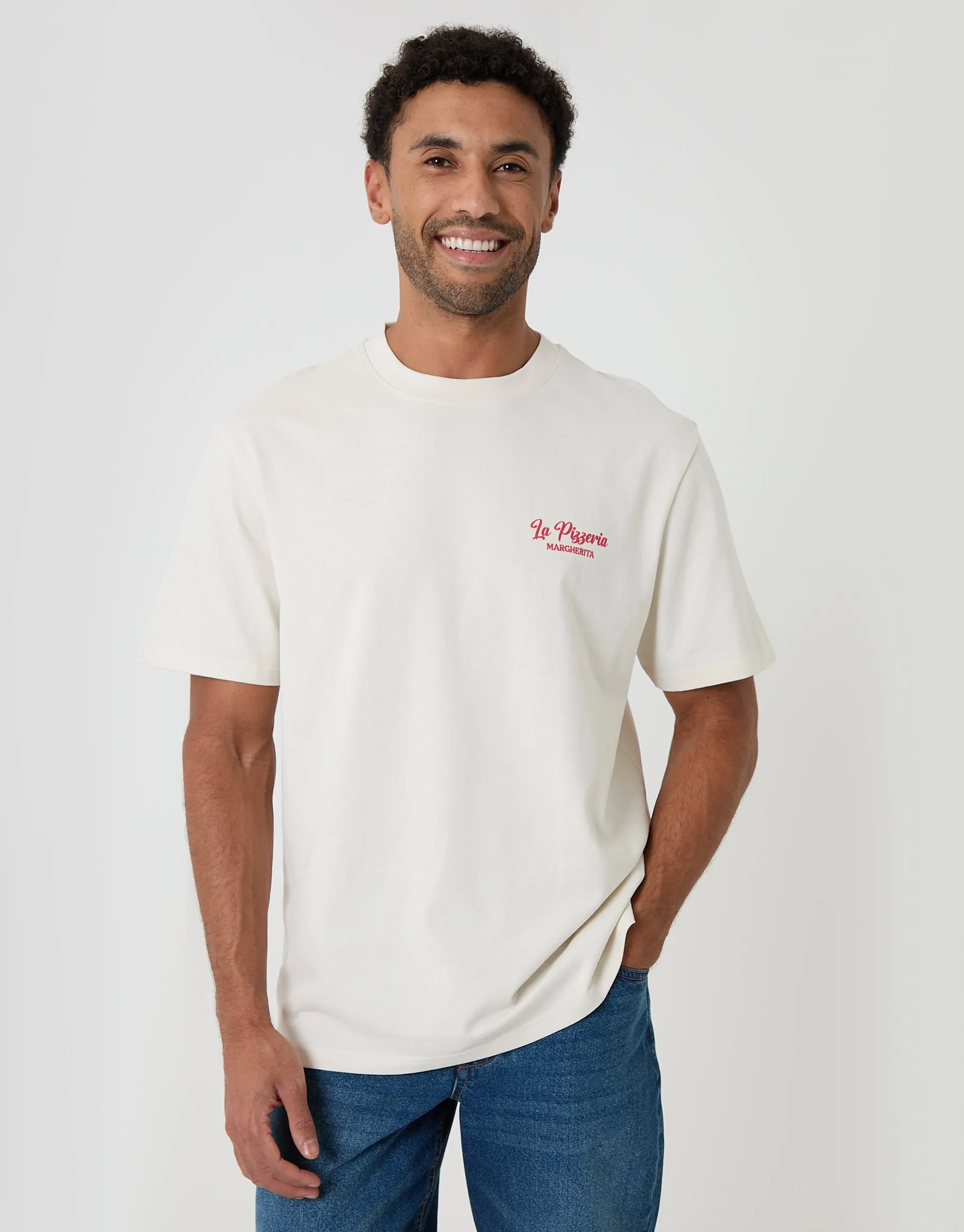 Relaxed Fit Pizzeria Peached Cotton T-Shirt in Ecru sold by Threadbare product image thumbnail 2