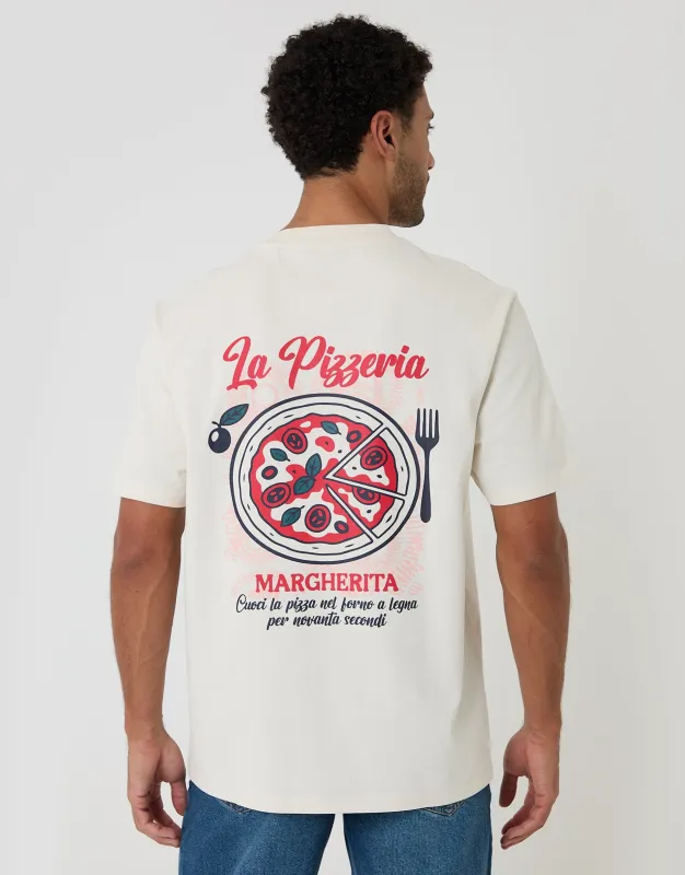 Relaxed Fit Pizzeria Peached Cotton T-Shirt in Ecru made by Threadbare