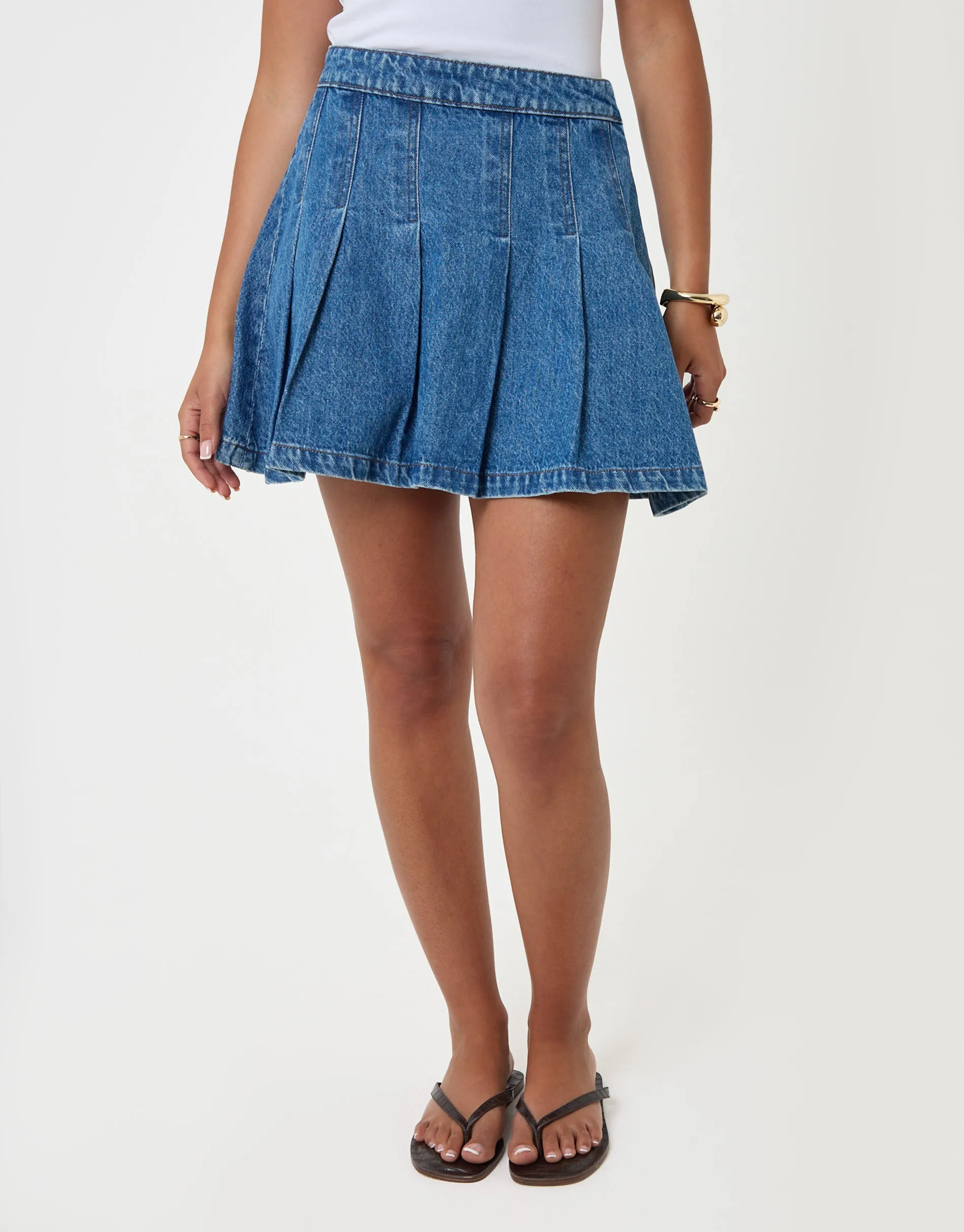 Denim Pleated Mini Skirt in Mid Wash sold by Threadbare product image thumbnail 2