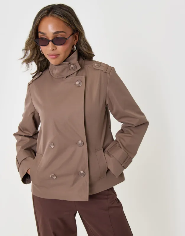The Relaxed Funnel Neck Short Trench Coat in Mocha Brown made by Threadbare