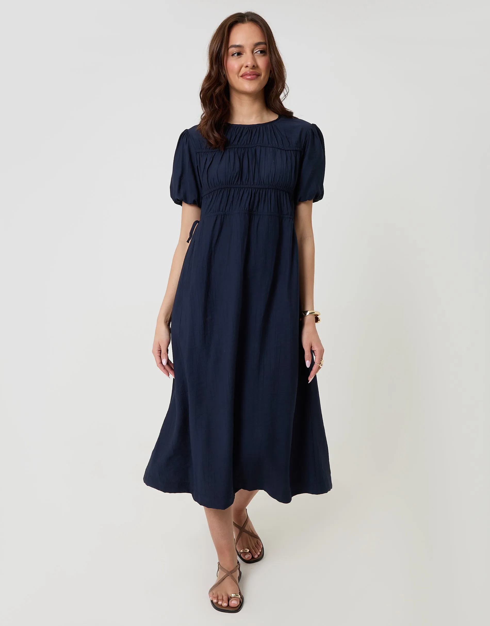 Ruched Drawstring Puff Sleeve Midi Dress in Navy sold by Threadbare product image thumbnail 3