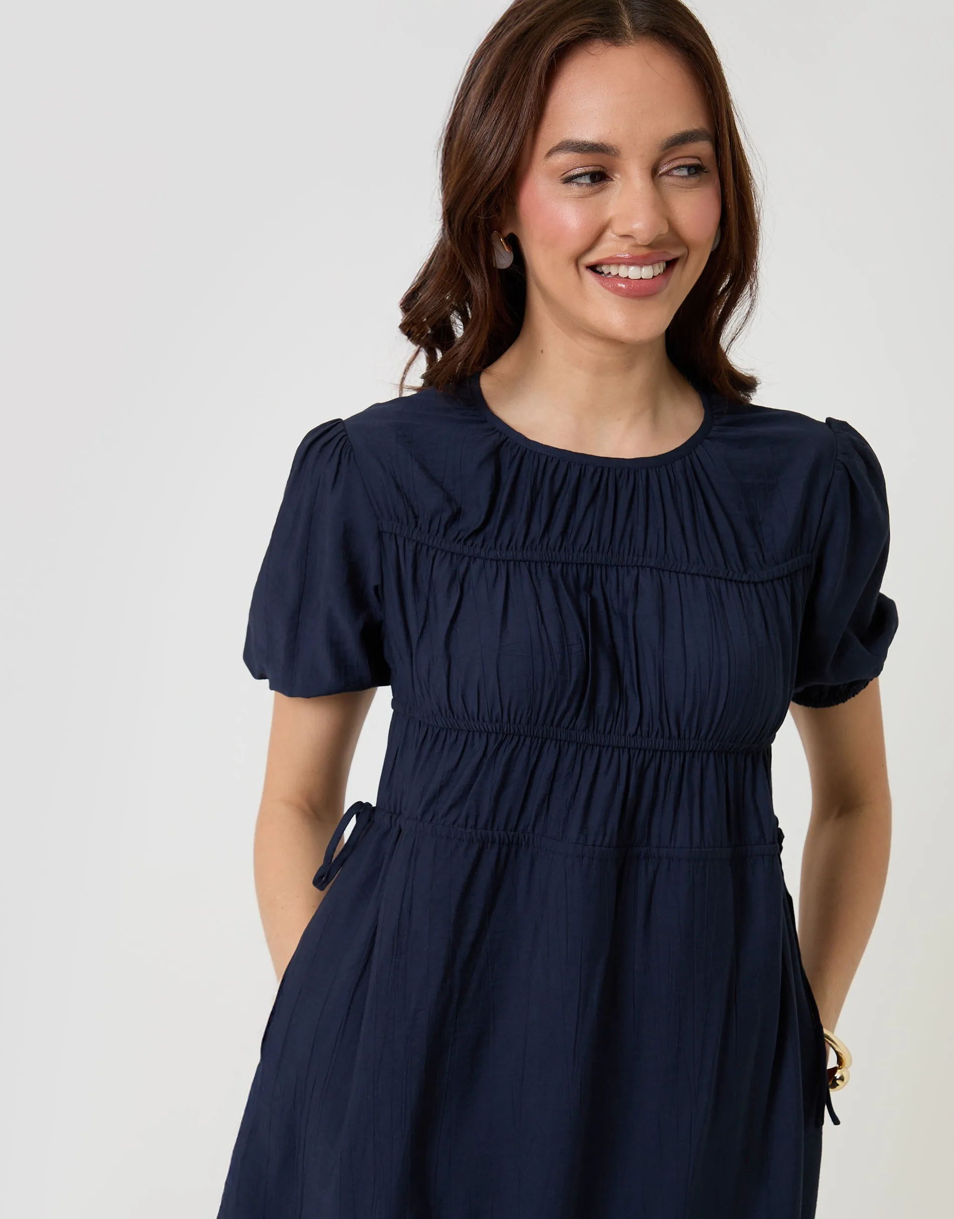 Ruched Drawstring Puff Sleeve Midi Dress in Navy sold by Threadbare product image thumbnail 4