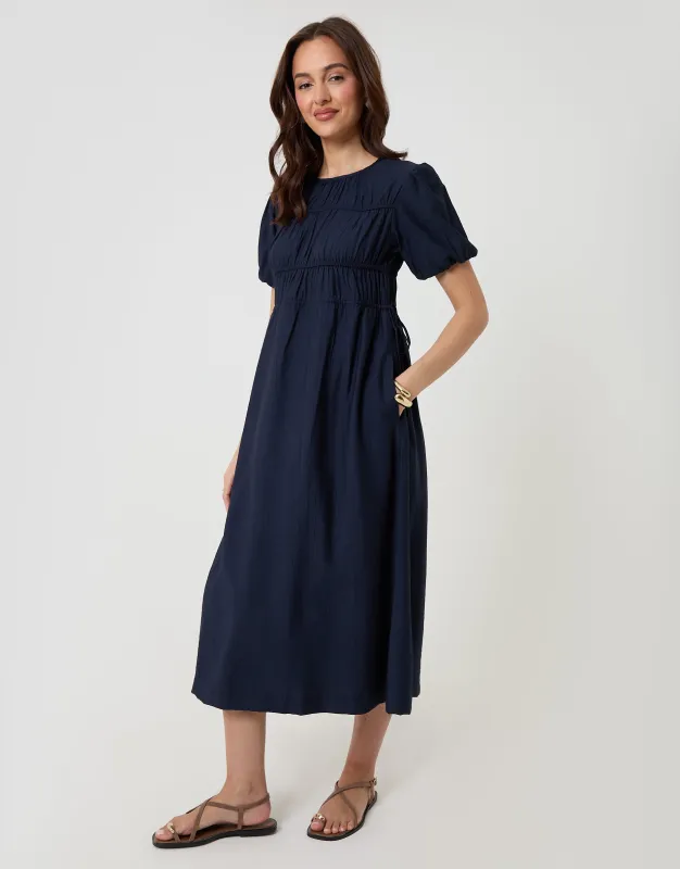 Ruched Drawstring Puff Sleeve Midi Dress in Navy made by Threadbare
