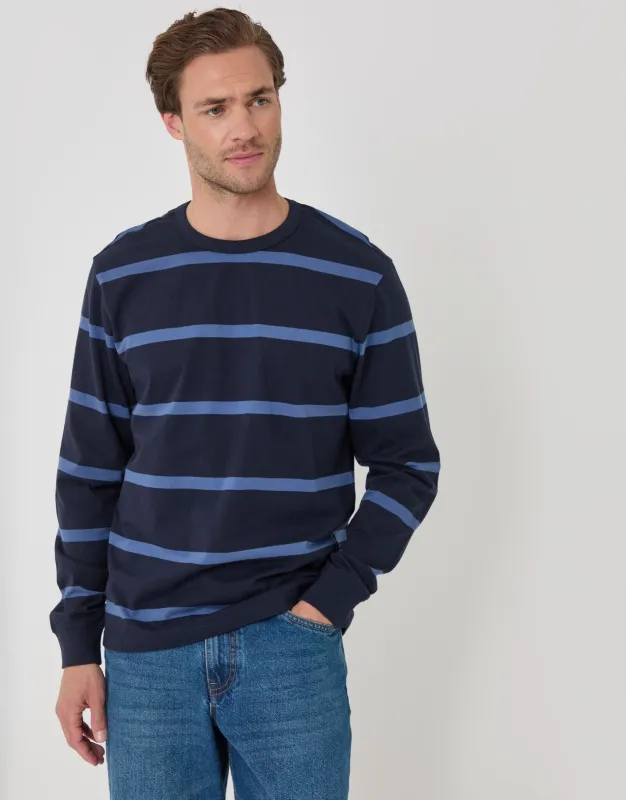 Cotton Jersey Long Sleeve T-Shirt in Navy Stripe made by Threadbare
