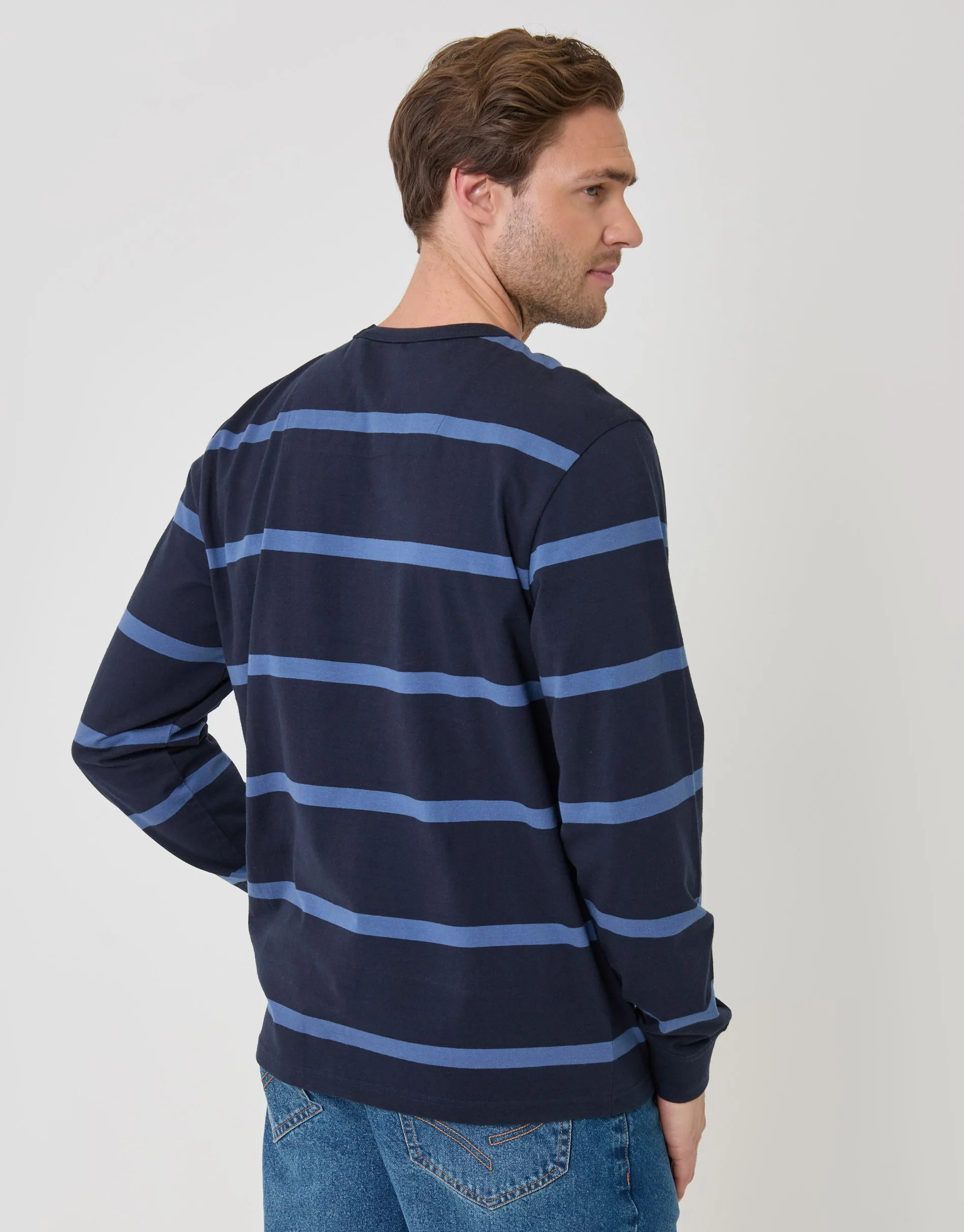 Cotton Jersey Long Sleeve T-Shirt in Navy Stripe sold by Threadbare product image thumbnail 2