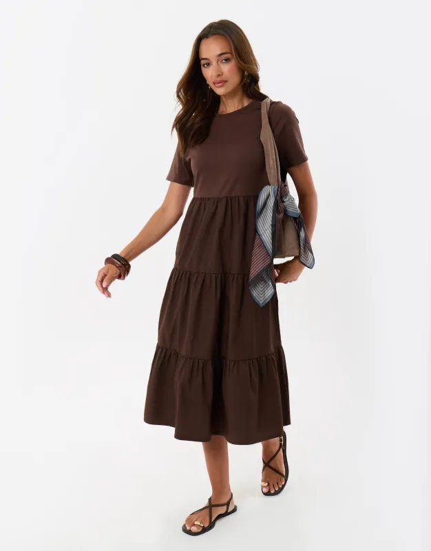 Tiered Midaxi Dress in Brown made by Threadbare