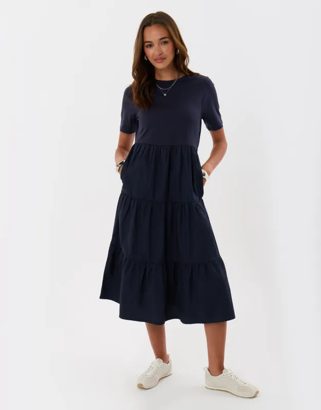 Tiered Midaxi Dress in Navy made by Threadbare