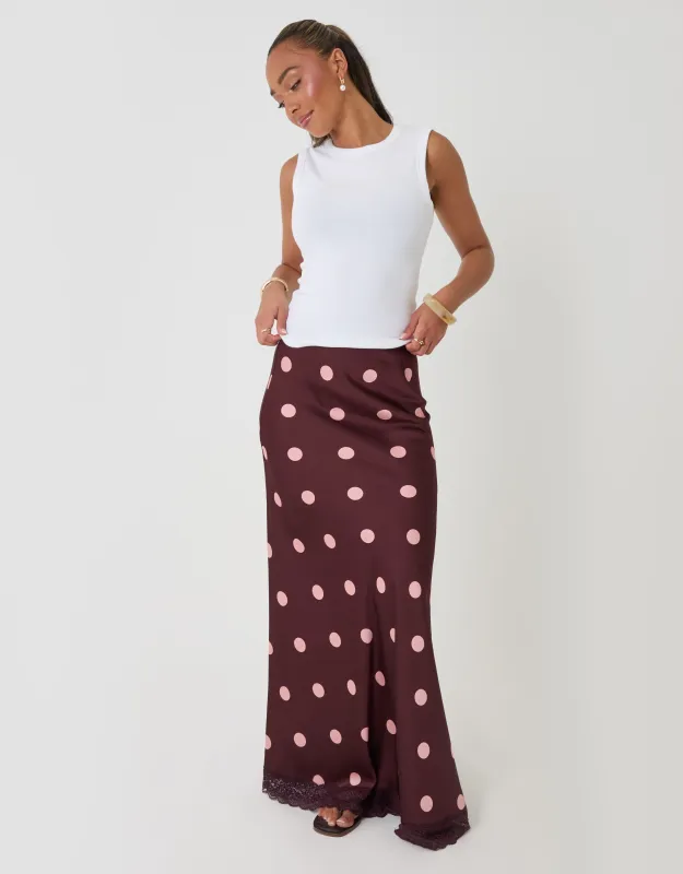 Petite Satin Lace Trim Maxi Skirt in Burgundy Polka Dot made by Threadbare