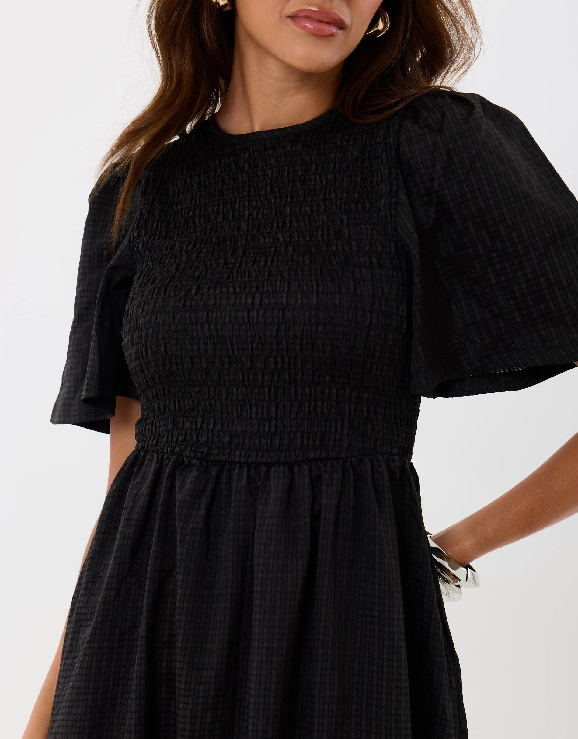 Puff Sleeved Shirred Dress in Black sold by Threadbare product image thumbnail 5