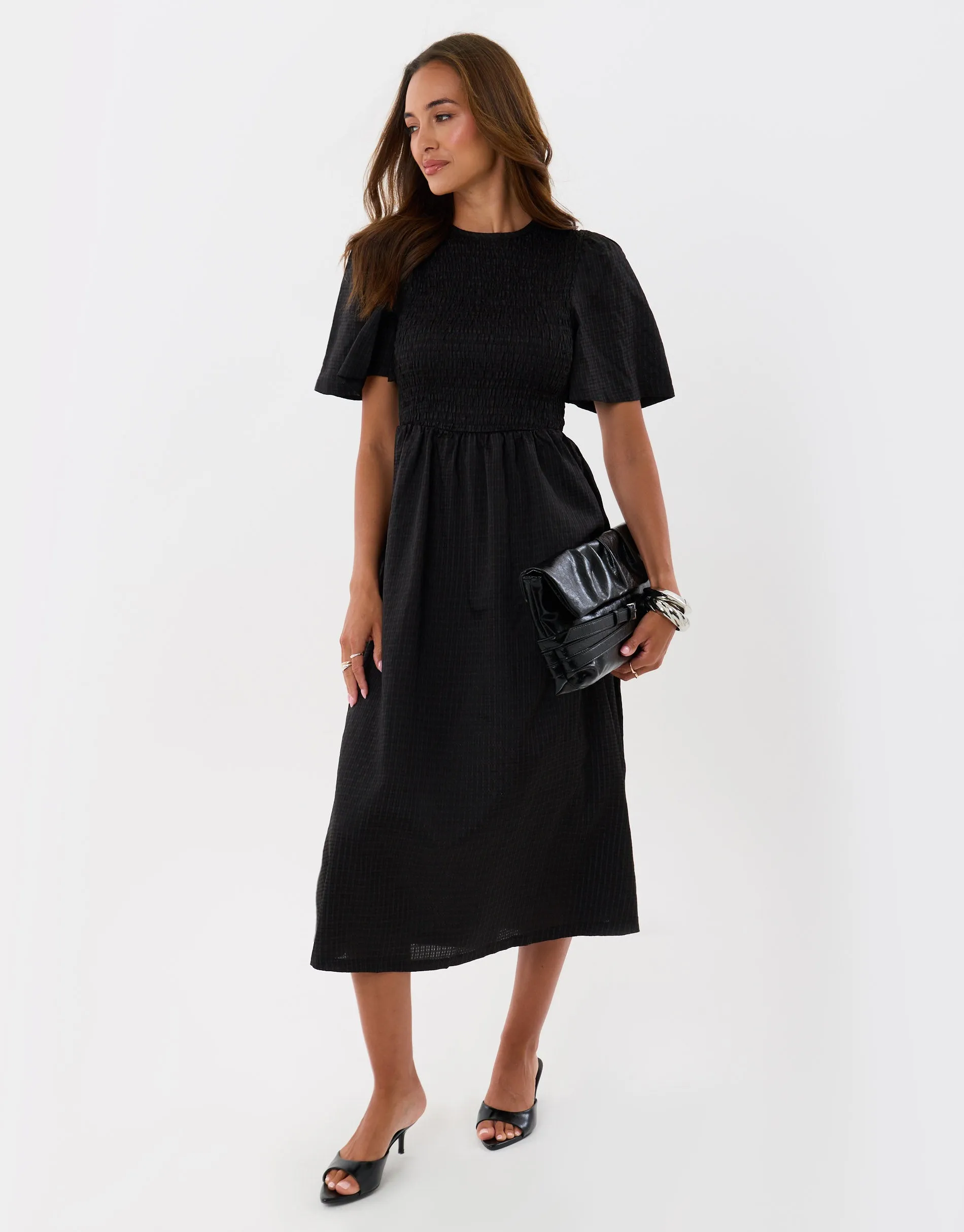Puff Sleeved Shirred Dress in Black sold by Threadbare product image thumbnail 3