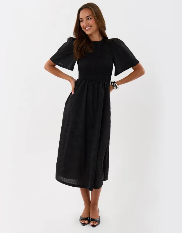 Puff Sleeved Shirred Dress in Black made by Threadbare