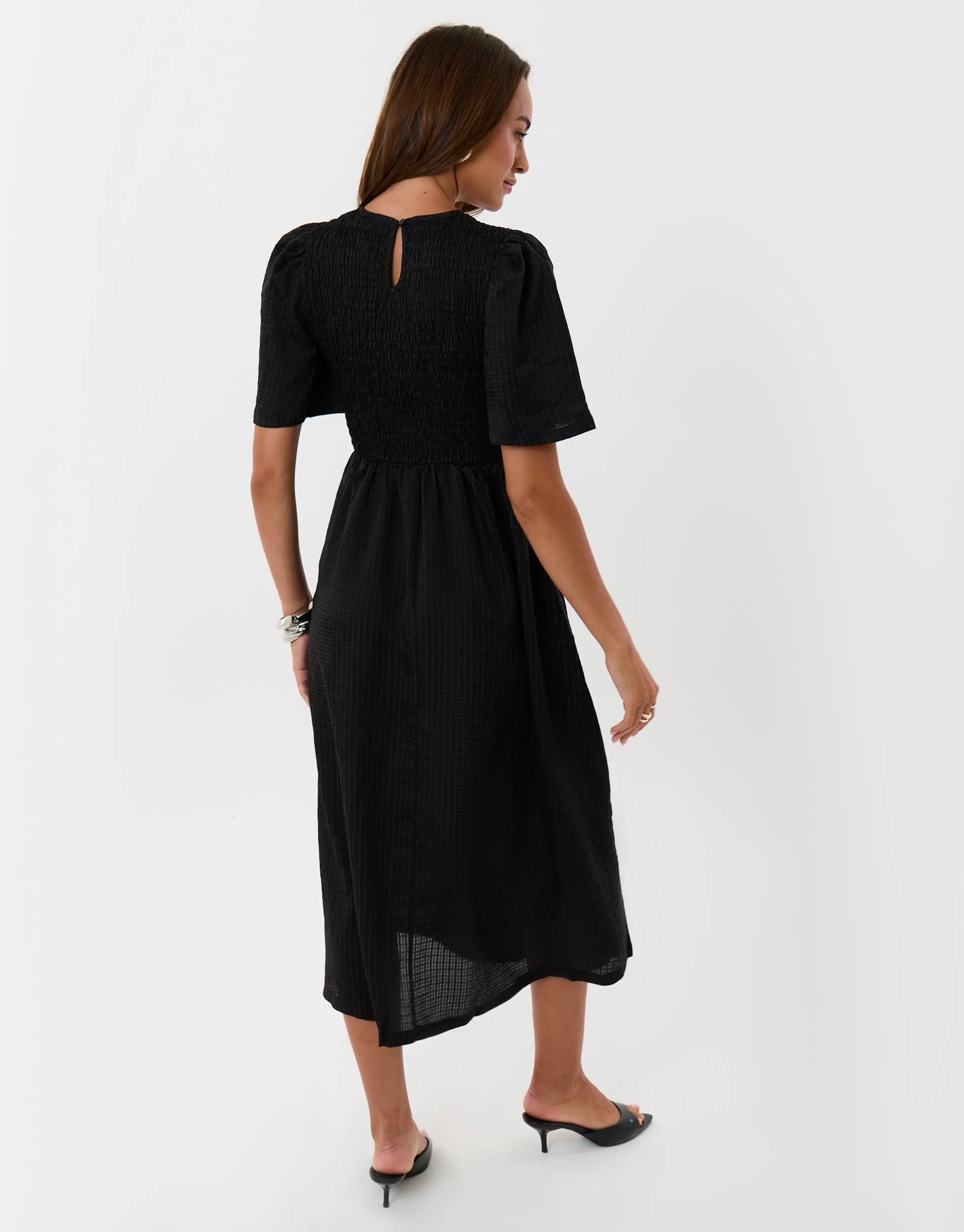 Puff Sleeved Shirred Dress in Black sold by Threadbare product image thumbnail 2