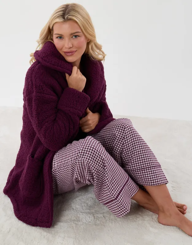 Sherpa Fleece Open Dressing Gown in Plum made by Threadbare