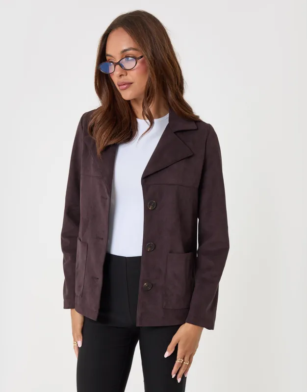 Faux Suede Blazer in Chocolate Brown made by Threadbare