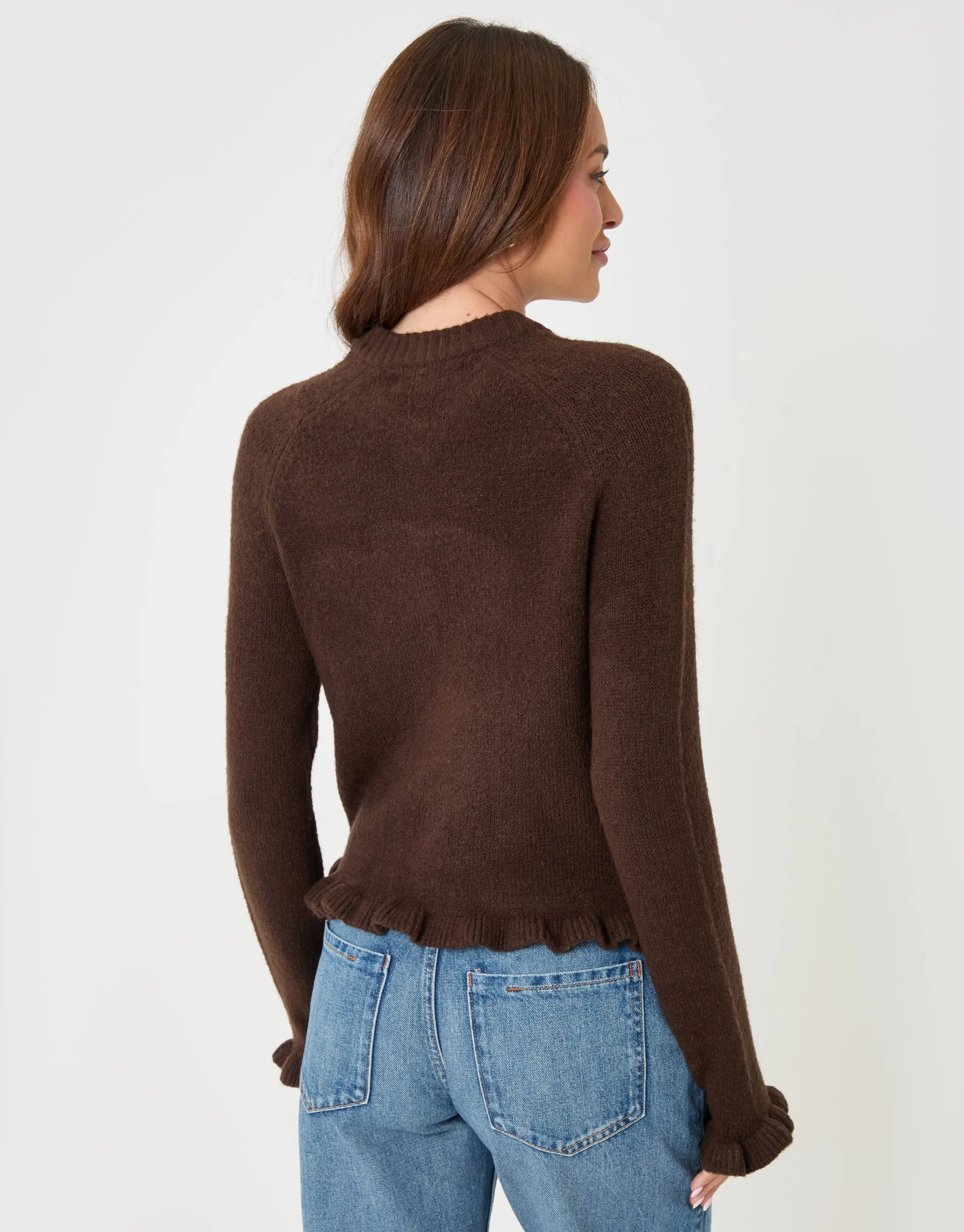 Crew Neck Ruffle Cardigan in Chocolate Brown sold by Threadbare product image thumbnail 3