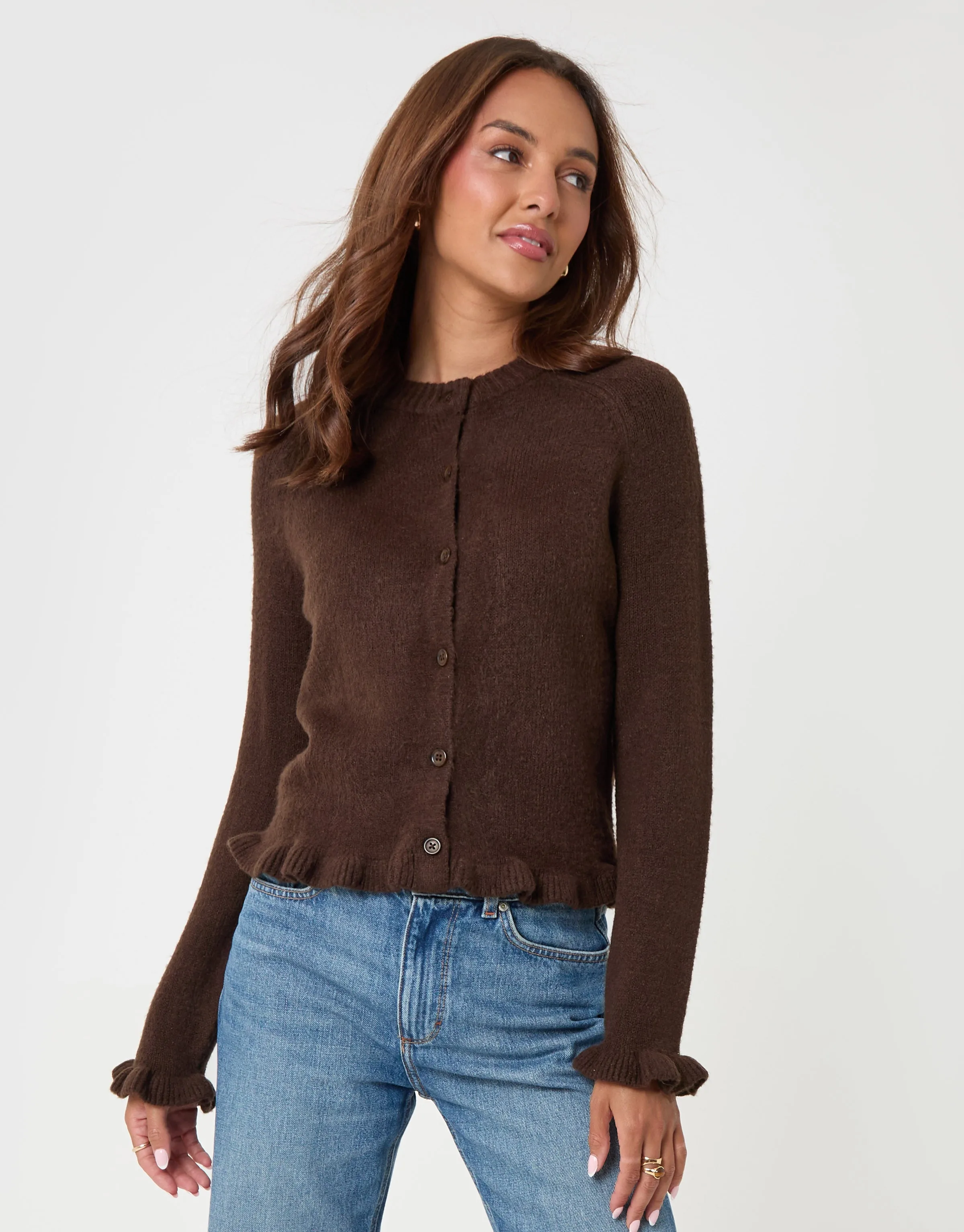 Crew Neck Ruffle Cardigan in Chocolate Brown sold by Threadbare product image thumbnail 2