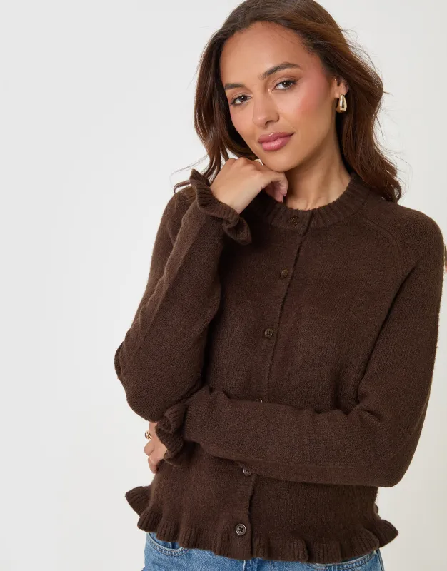 Crew Neck Ruffle Cardigan in Chocolate Brown made by Threadbare