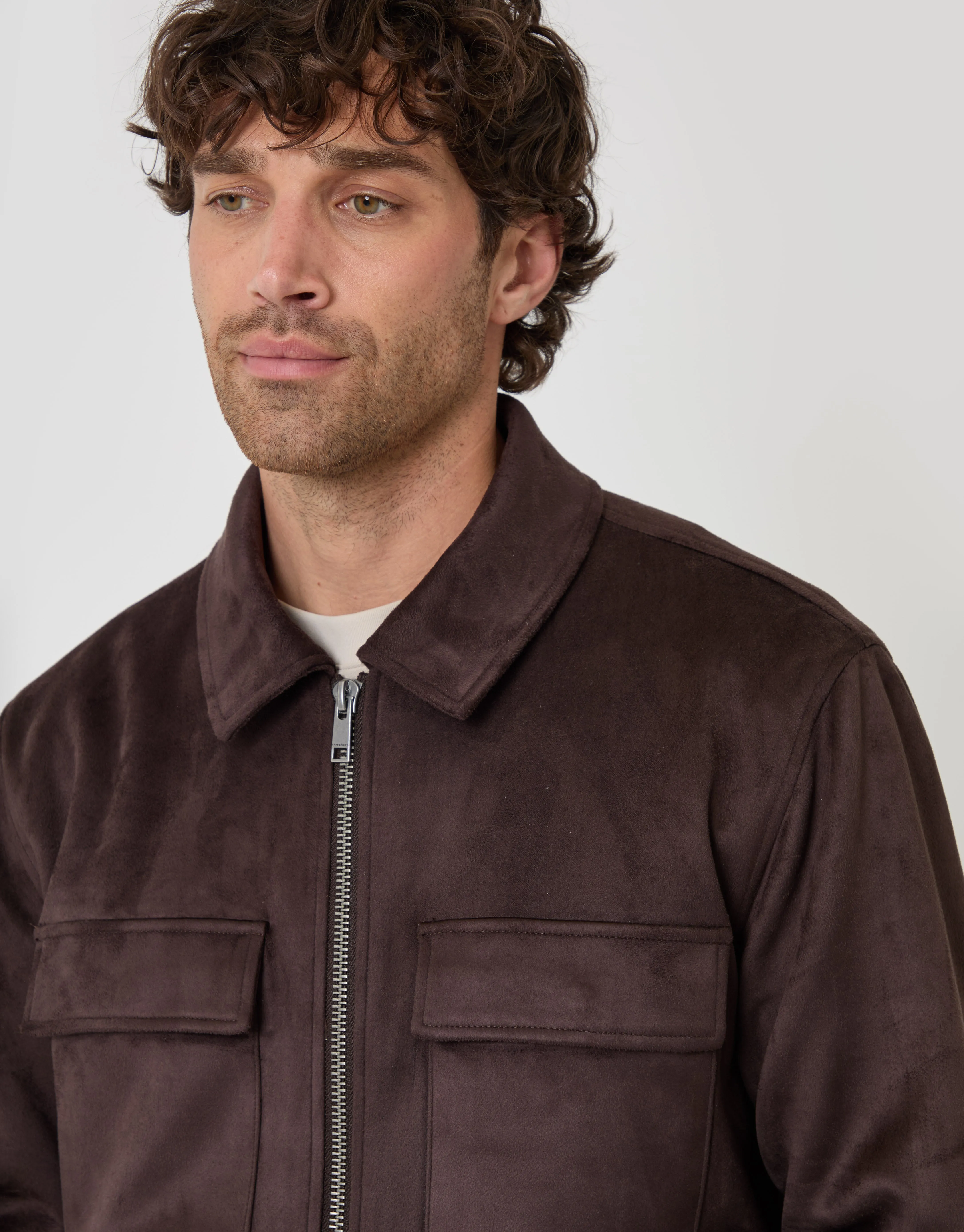 Faux Suede Collared Jacket in Chocolate Brown sold by Threadbare product image thumbnail 2