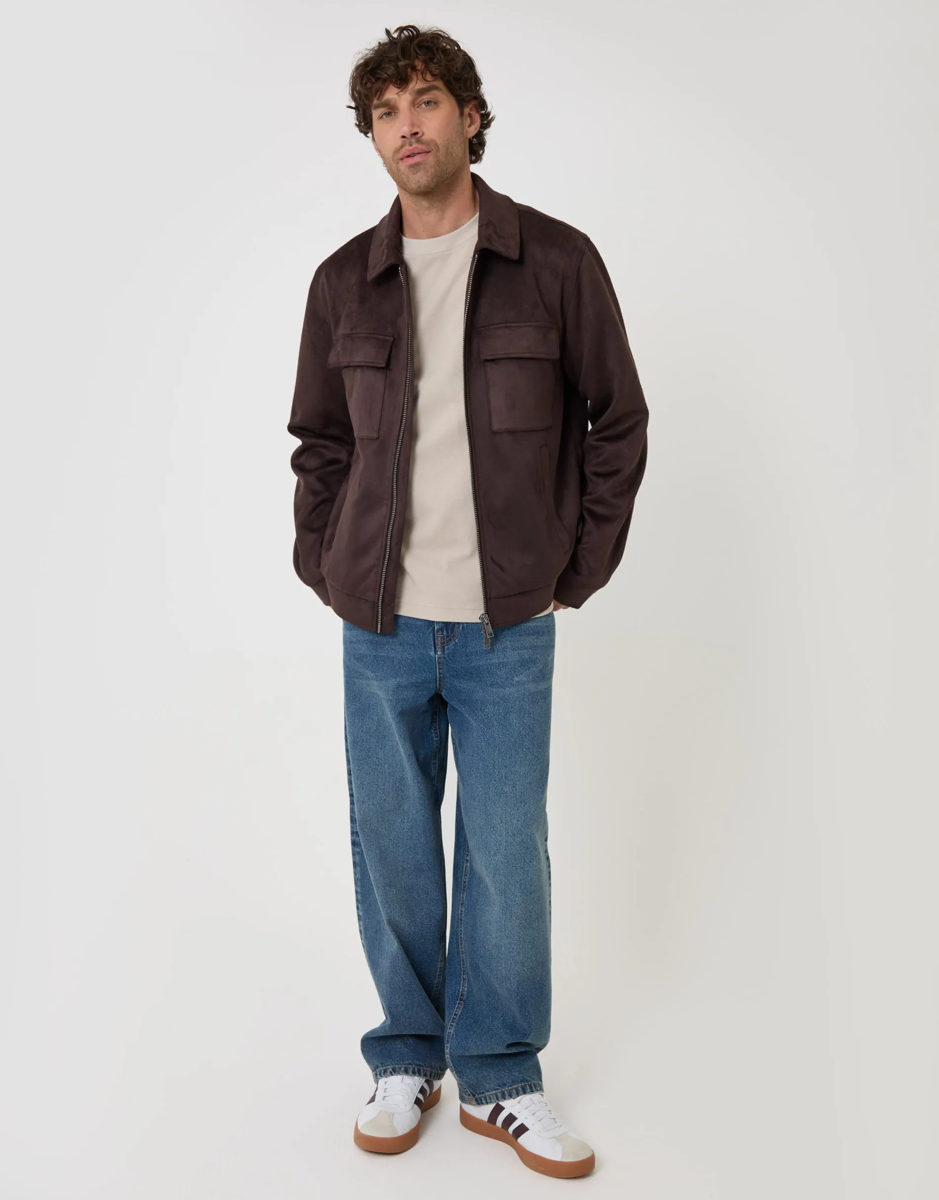 Faux Suede Collared Jacket in Chocolate Brown sold by Threadbare product image thumbnail 4