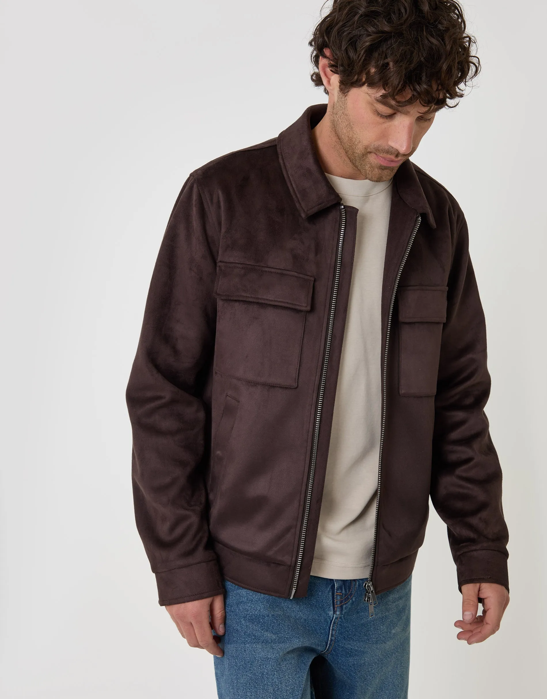 Faux Suede Collared Jacket in Chocolate Brown sold by Threadbare
