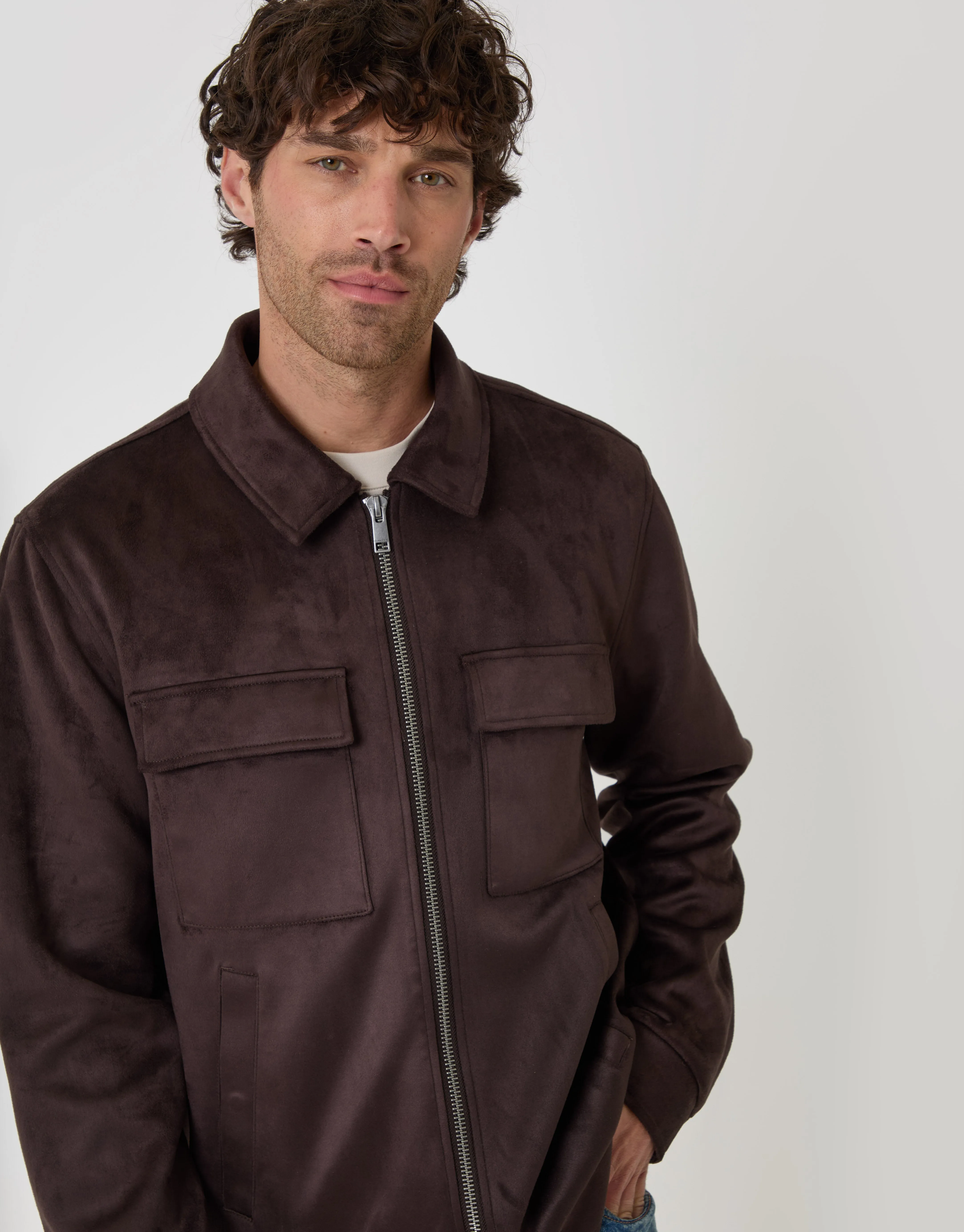 Faux Suede Collared Jacket in Chocolate Brown sold by Threadbare product image thumbnail 5
