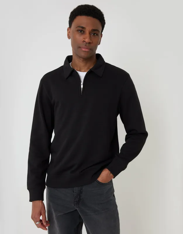 Quarter Zip Collared Sweatshirt in Black made by Threadbare