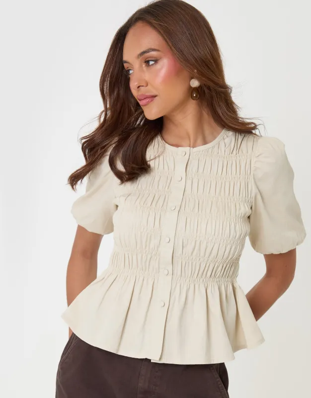 Denim Short Sleeve Smock Blouse in Ecru made by Threadbare