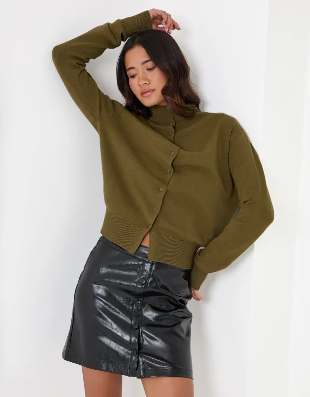 Faux Leather Button Front Mini Skirt in Black made by Threadbare