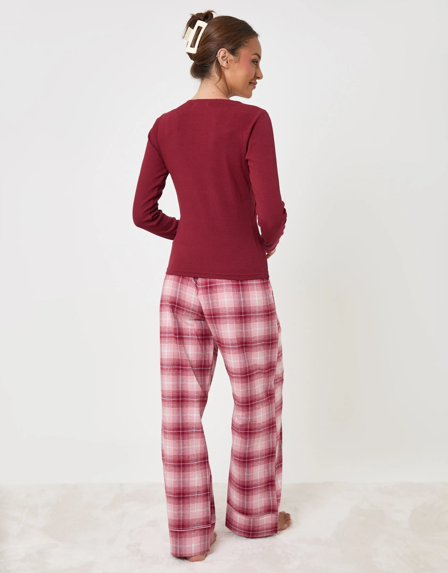 Petite V Neck Top & Flannel Bottoms Pyjama Set in Burgundy Check sold by Threadbare product image thumbnail 2