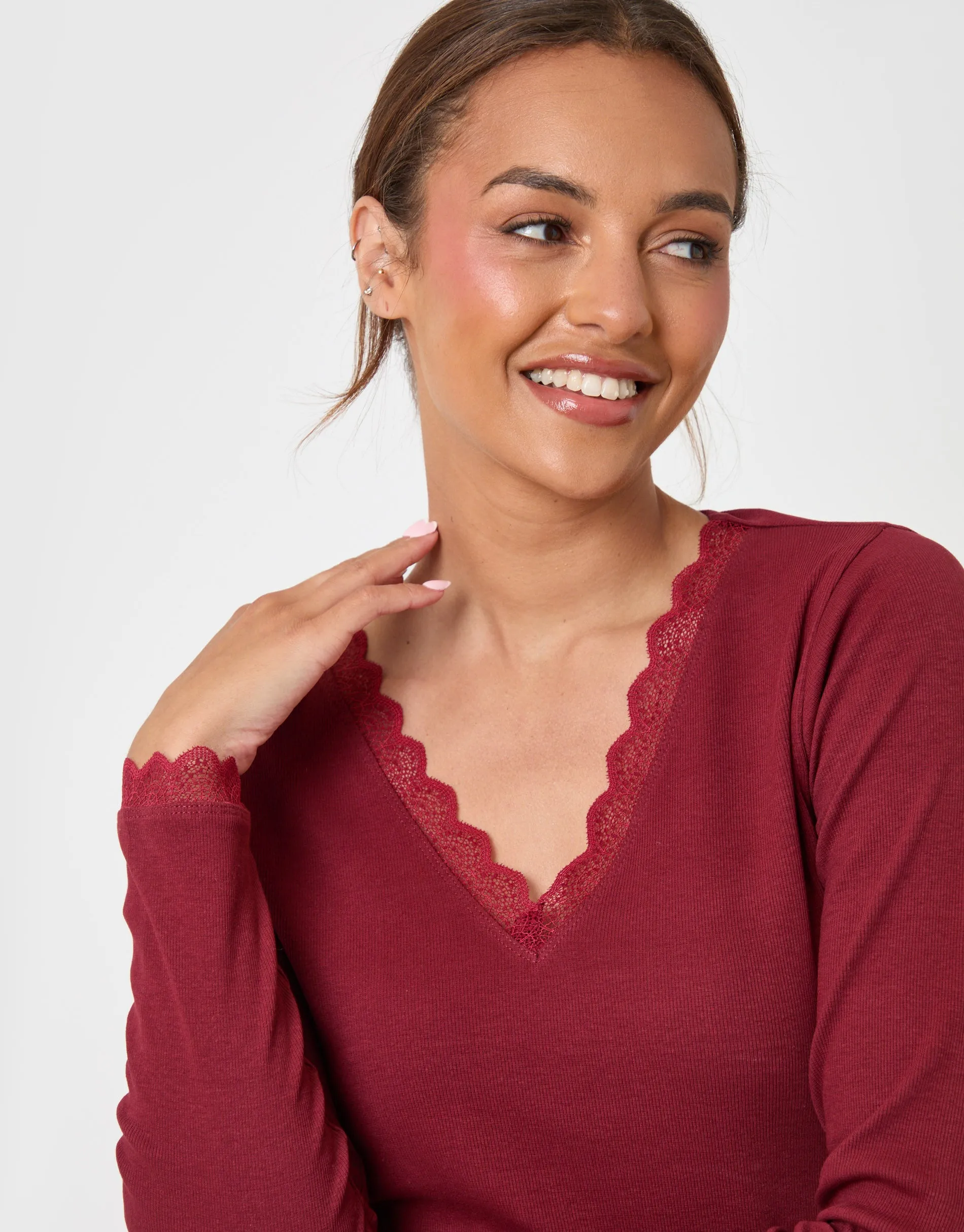 Petite V Neck Top & Flannel Bottoms Pyjama Set in Burgundy Check sold by Threadbare product image thumbnail 4