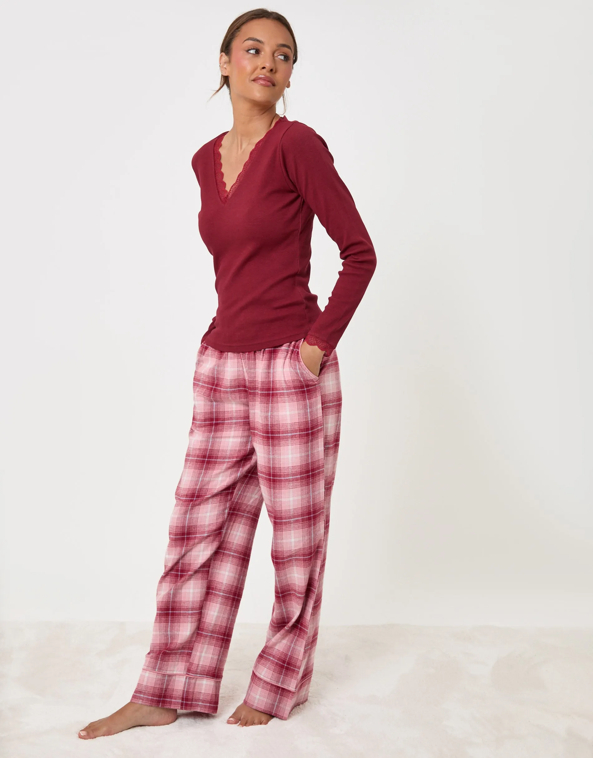 Petite V Neck Top & Flannel Bottoms Pyjama Set in Burgundy Check sold by Threadbare product image thumbnail 3