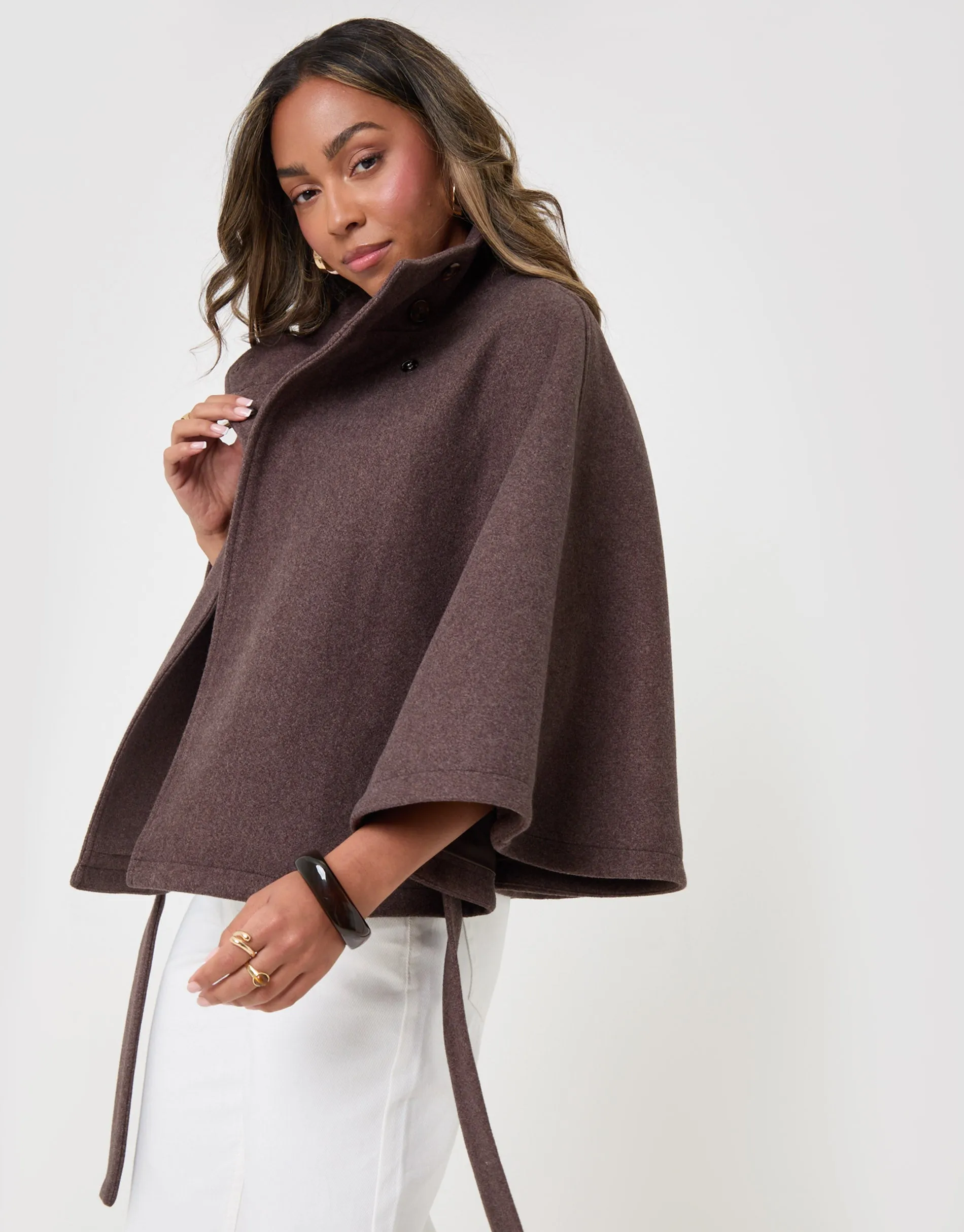 Faux Wool Cape Coat in Chocolate Brown sold by Threadbare product image thumbnail 2