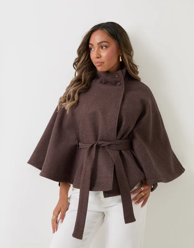 Faux Wool Cape Coat in Chocolate Brown made by Threadbare