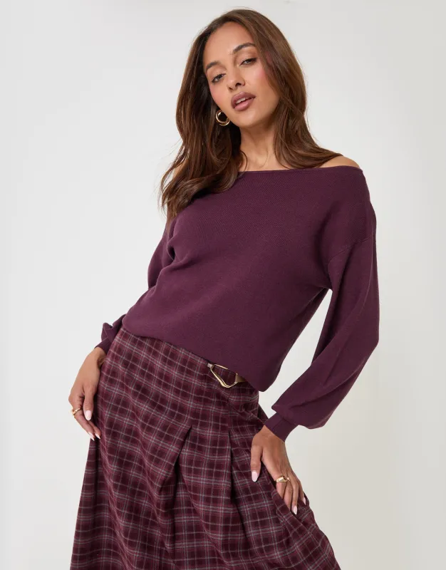 The Signature Soft Slash Neck Jumper in Plum made by Threadbare
