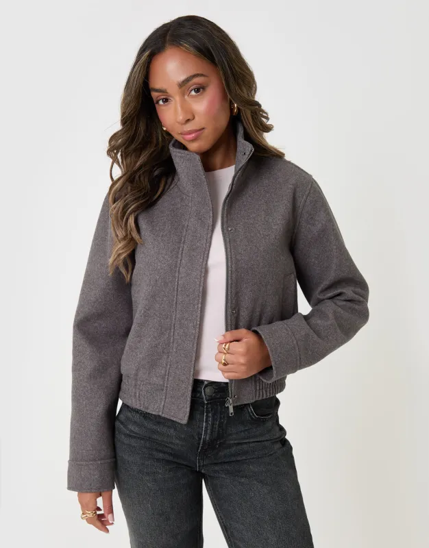 Faux Wool Funnel Neck Bomber Jacket in Grey Marl made by Threadbare