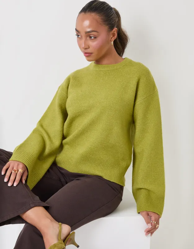 Relaxed Fit Crew Neck Jumper in Green made by Threadbare