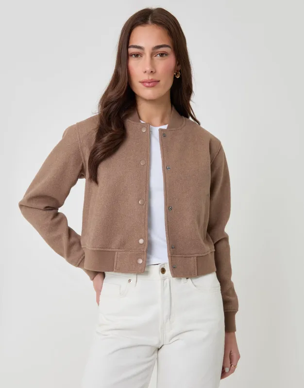 Petite Faux Wool Bomber Jacket in Mocha Brown made by Threadbare