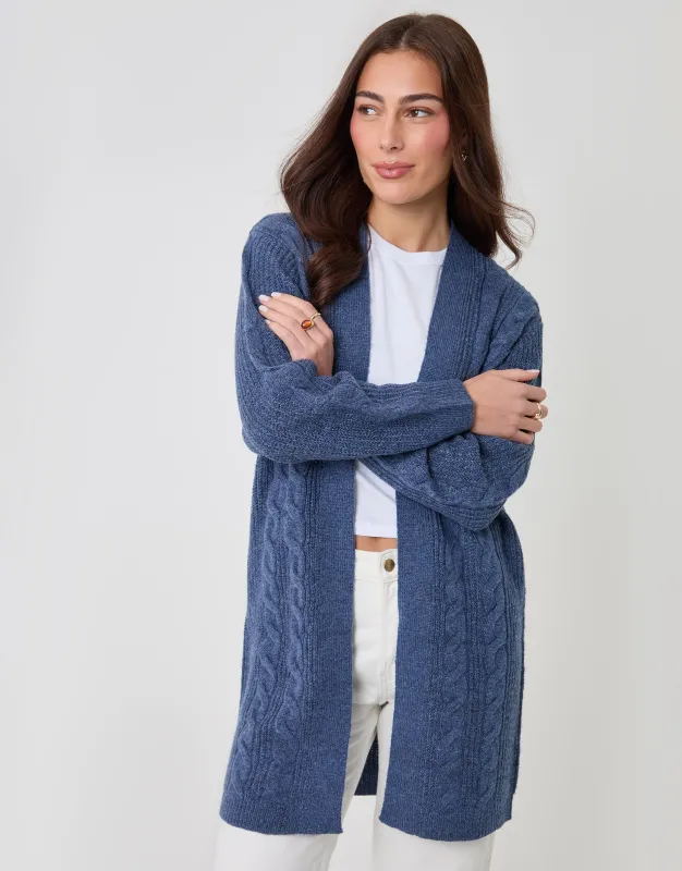Cable Knit Open Cardigan in Blue made by Threadbare