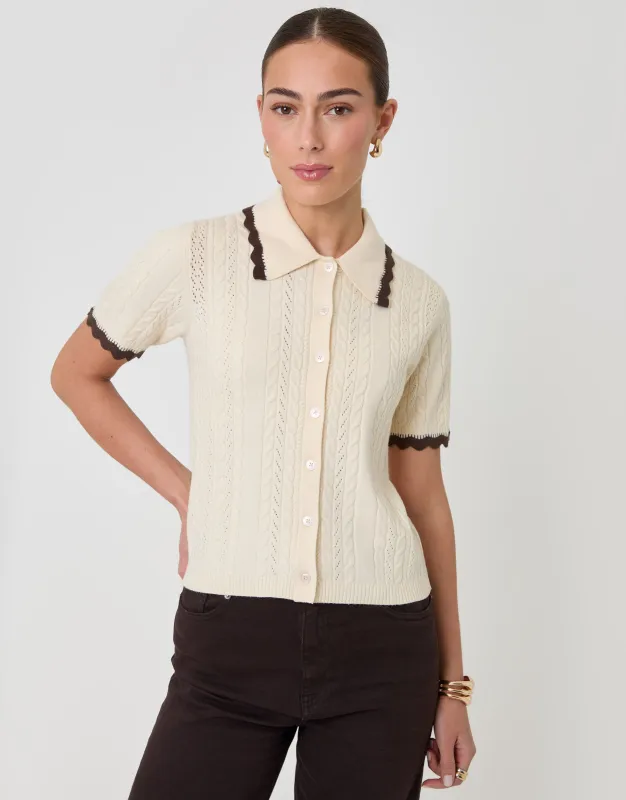 Cable Knit Scallop Trim Polo in Cream made by Threadbare
