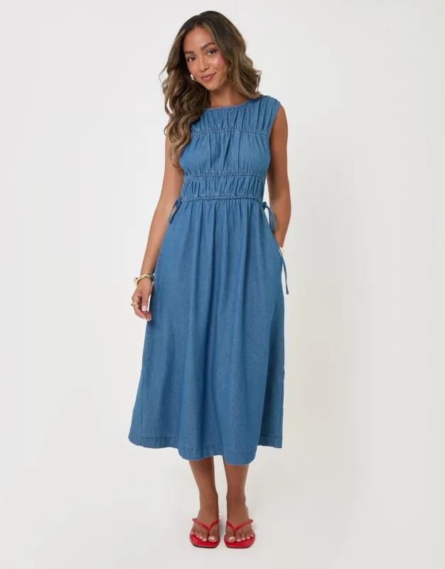 Shirred Denim Drawstring Waist Midaxi Dress in Mid Wash made by Threadbare