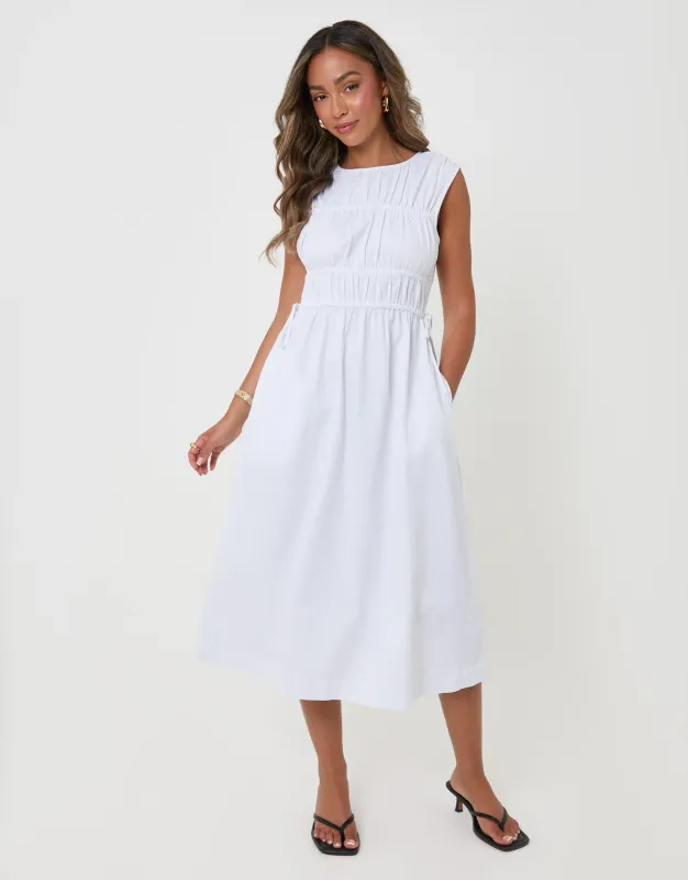 Shirred Denim Drawstring Waist Midaxi Dress in White made by Threadbare