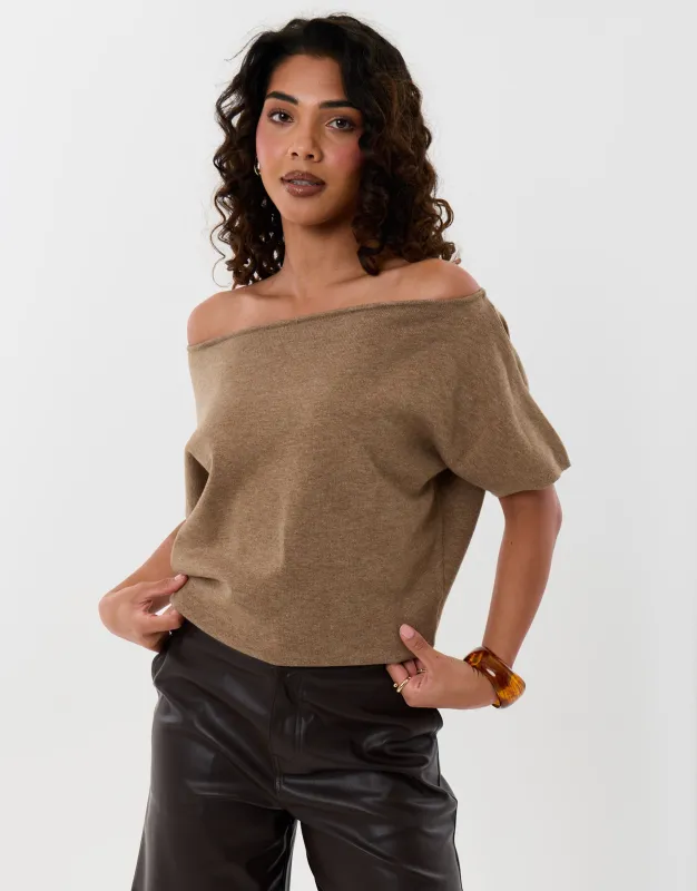 Short Sleeve Slash Neck Jumper in Beige made by Threadbare