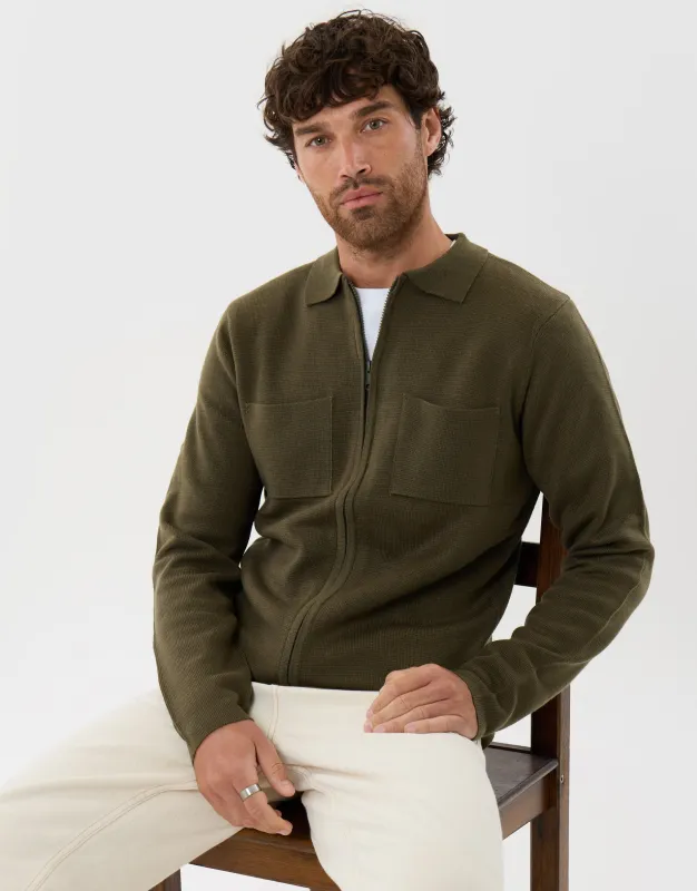 Zip-Through Knitted Shacket in Khaki made by Threadbare