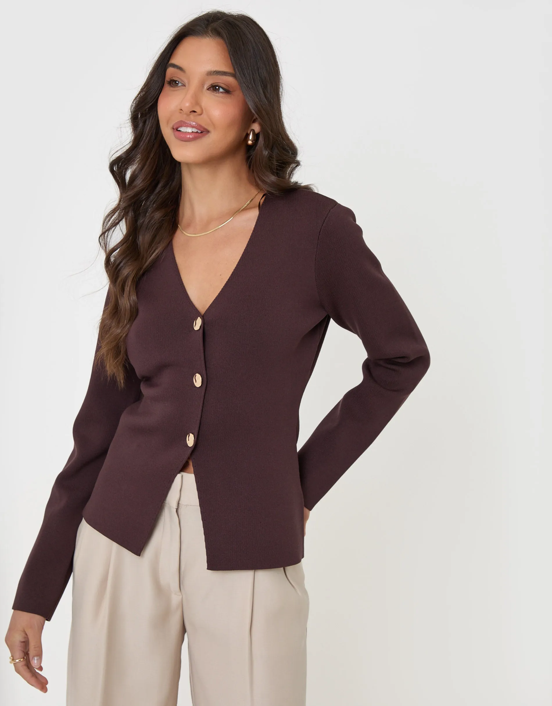Compact Knit V Neck Cardigan in Chocolate Brown sold by Threadbare product image thumbnail 5