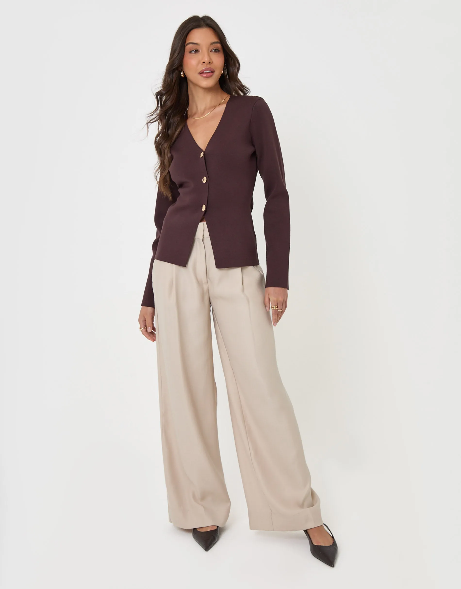 Compact Knit V Neck Cardigan in Chocolate Brown sold by Threadbare product image thumbnail 3