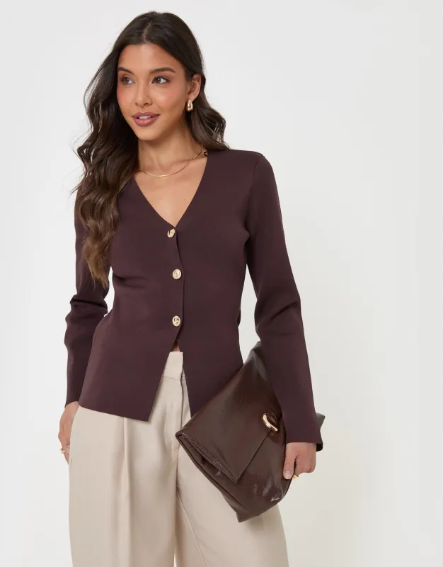 Compact Knit V Neck Cardigan in Chocolate Brown made by Threadbare