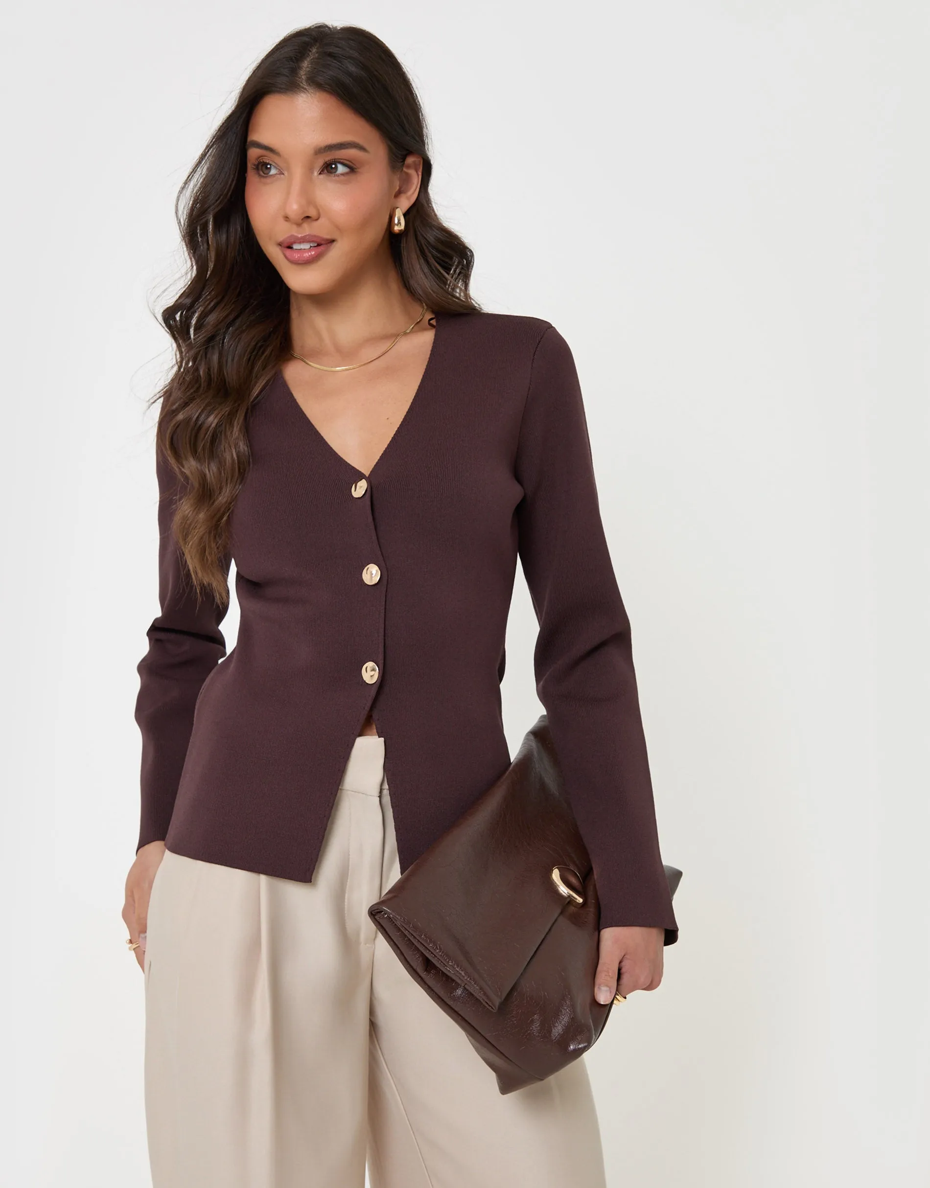 Compact Knit V Neck Cardigan in Chocolate Brown sold by Threadbare
